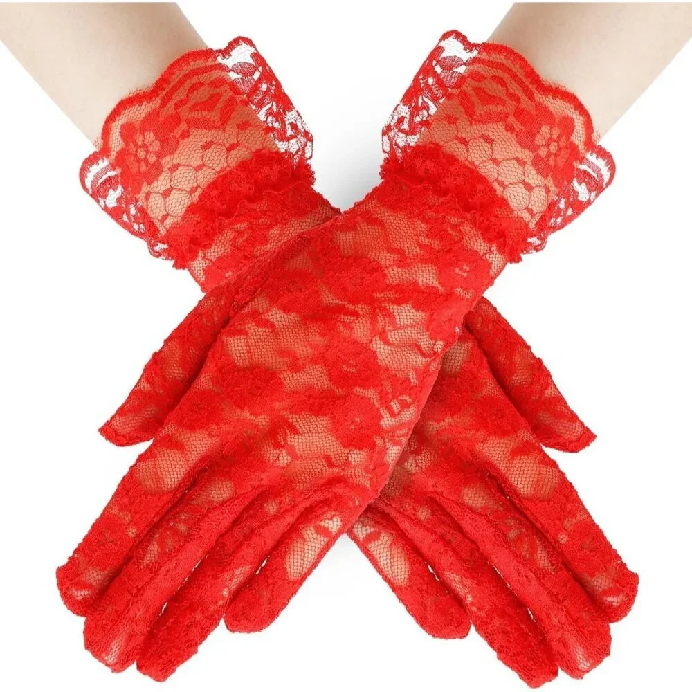 Women's Evening Dark Red Flower Pattern Lace Gloves Design Wedding Party Prom